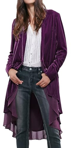 R.Vivimos Autunno Inverno Donne Velluto Ruffle Cappotto Casual Vintage Giacca Lunga Collarless Classico Swallowtail Hem Blazer(M,Viola)