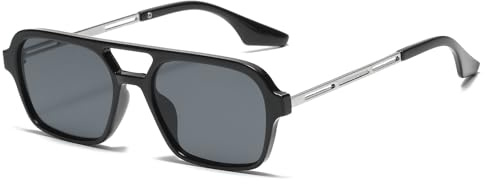 LJCZKA Sonnenbrille Damen Herren Pilotenbrille Retro Sonnenbrille mit Doppelter Brückenausführung 70er Jahre Klassisch flach quadratisch Quadratisch Metallrahmen