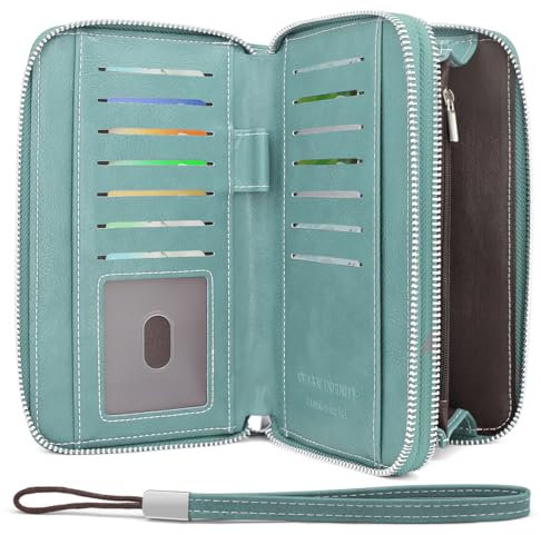 HNOOM Geldbörse Damen Groß – Portemonnaie Damen aus PU Leder mit 14 Kartenfächern, Münzfach & RFID-Schutz – Stylische Frauen Geldbeutel Groß mit Doppeltem Reißverschluss – Lang & Viel Platz (Hellblau)