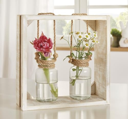 Dekoleidenschaft Holzrahmen Väschen mit 2 Glasvasen, Vasenhalter aus Holz mit Blumenvase in Flaschenform, Vase, Vasenset, Tischvase, Dekovase mit Halterung