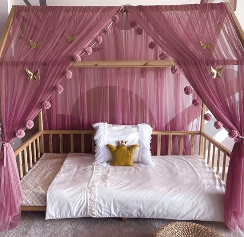 Baby Fancyroom Hausbett Himmel Betthimmel für Kinderbett Kinderzimmer Baldachin Bettvorhang Betthimmel für Mädchen Prinzessin Zimmer (Dunkel Altrosa, 380cm, mit 5 Schmetterlingen)