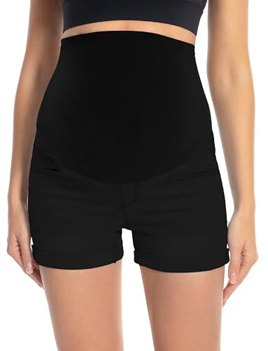 Gowjog Pantalones Vaqueros Cortos De Maternidad Pantalones Cortos De Verano Elástica Jeans Shorts por Embarazadas (Negro,M)