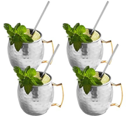 Moscow Mule-muggar i rostfritt stål silvermuggar – set med 4 mulkoppar – bartillbehör för drycker hem eller kommersiella bartenders – dryckeskoppar med sugrör – 4 dl muggar, 8 delar set
