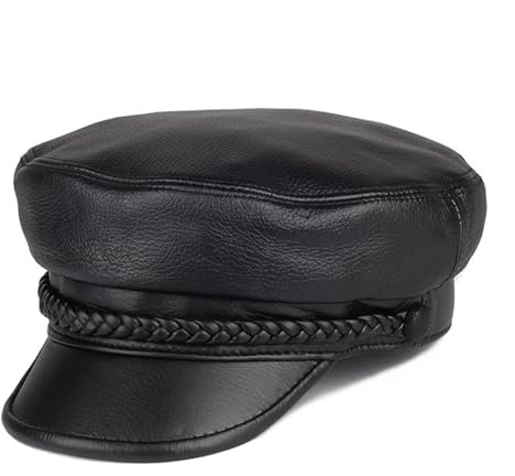 Frauen Männer Echtes Leder Hut Schwarz Damen Baskenmütze Kappen Flache Top Kapitän Kappe Reise Kadett Achteckige Hut(L(55cm56cm))