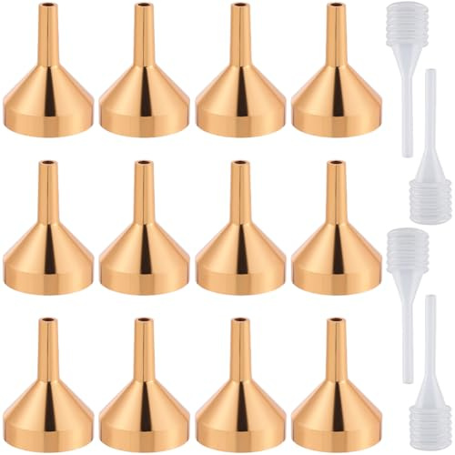 GORGECRAFT 12 Mini Entonnoir en Aluminium Doré de 33x20mm avec 4 Petites Pipettes Transparentes et Compte Gouttes pour Remplir de Petites Bouteilles Ou Conteneurs Atomiseurs Parfum Liquide