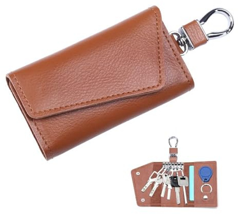 Azlanway Estuche para llaves de cuero para mujer y hombre, llavero multifuncional triple plegado, organizador de llaves de cuero con 6 ganchos para llaves, 3 compartimentos individuales, marrón, 1