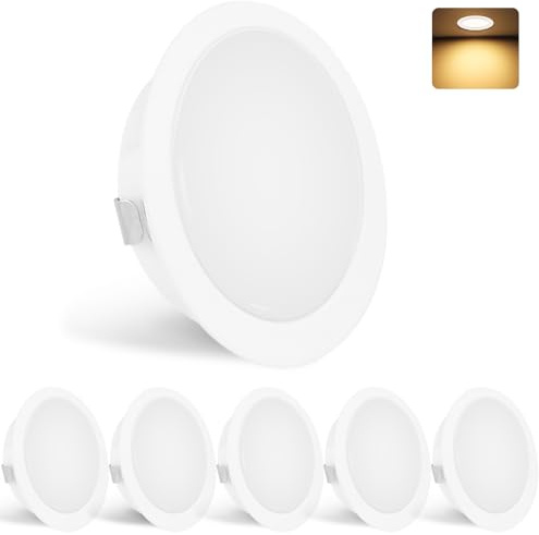 YindaLux Set mit 6 LED-Einbaustrahlern, 230 V, 3 W, 3000 K, Warmweiß, 15 mm, extra flach, Deckenstrahler, 300 lm, Deckenausschnitt 55 – 58 mm, IP44, für Badezimmer, Weiß