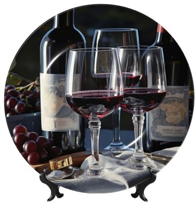 HSIRYAOHD Bone China Piastra Bone China Piatto decorativo per display Piatto decorativo in ceramica con supporto Vino rosso e bicchieri da vino Piatto da pranzo in ceramica Artigianato 6 Ornamenti in