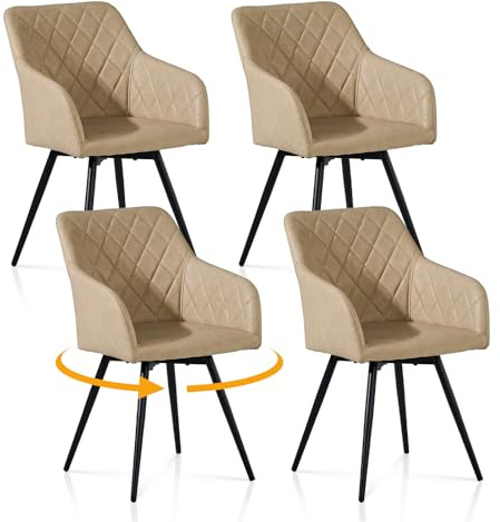 TUKAILAI Esszimmerstühle Drehbar 4er Set Kunstleder,Beige | 360° Drehstuhl Esszimmer Polsterstühle,Küchenstühle,mit Armlehnen,Metallbeine,Rückenlehne,für Wohnzimmer Küche Schlafzimmer