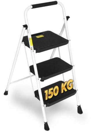 Escabeau Pliant HYTAMA TOOLS à 3 Marches, Échelle Stable en Acier Blanc