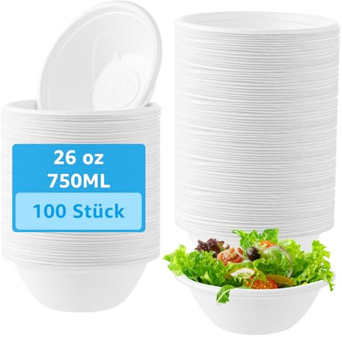 Oungy 100 Stück Suppenschalen Einweg 750ml Pappschüsseln Weiß, Einwegschüsseln aus Zuckerrohr Suppenschüssel Einweg Rund Kompostierbares Einwegschüsseln, Einwege Suppenschalen für Picknick Party