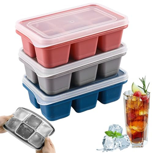 3 Stück Eiswürfelbehälter mit Deckel Eiswürfelform mit Deckel Silikon Eiswürfelform Große Eiswürfelform Stapelbar und Spülmaschinenfest Große Quadratische Eiswürfel für Cocktails Bier Wein