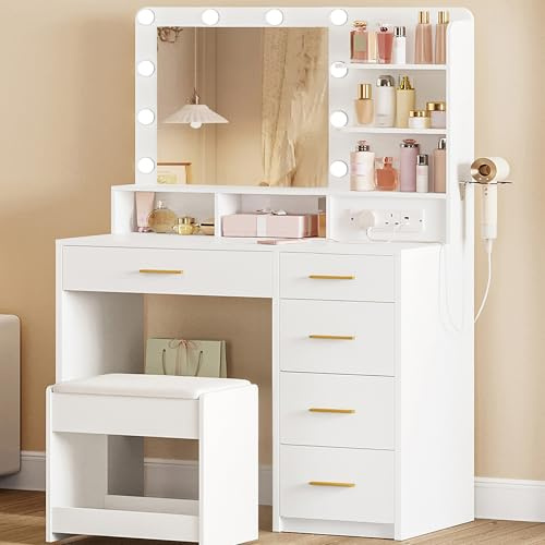 Hzuaneri Dressing Table with Stool, Plug and Mirror, LED Adjustable, White