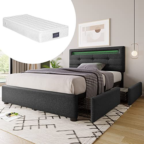 Polsterbett Höhenverstellbarem Kopfteil Bettgestell mit LED-Beleuchtung und 2 Schubladen Stauraum Einzelbett Lattenrost aus Holz Gästebett für Erwachsene Grau mit Matratze 140x200 cm