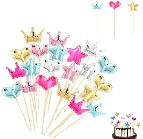 60 Stück Cupcake Topper Stern Herz Krone Muffin Deko Bunt Tortendeko für Kinder Party Geburtstag Hochzeit Versorgung