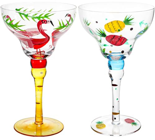 ZAVOOS Set of 2 Margarita Glass, 10 Oz Mexican Hand Blown Glasses for Martini, Hand Painted Modern Wine Glasses Coupe Cocktail Drinkware for Champagne, Cinco de Mayo, Party Decorations