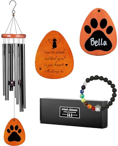 GDuolaPaws Personalized Pet Memorial Wind Chime, 37 Dog Memorial Gift for Loss of Dog, 3-Pieces Dog Passing Away Gift Package with Sympathy Card & Bracelet, Perfect for Outside Garden