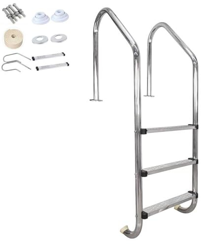 CSEDF-CRYP Échelle de Piscine Hors-Sol, 4 Marches Antidérapantes, Charge Maximale 150 Kg, Acier Inoxydable 304, Piscine Extérieure/Intérieure (Niveau 3) Argent
