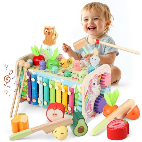 10-in-1 Montessori Spielzeug ab 1 Jahr, Kinderspielzeug Motorikspielzeug Hammerspiel Xylophon Holzspielzeug 1 2 3 4 5 6 Jahr Geschenk Baby Kleinkind Kinder Junge Mädchen Spielsachen Lernspielzeug