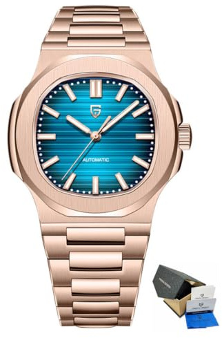 Pagani Design Automatisk klocka för män, roséguld 40 mm rostfritt stål minimalistisk analog present armbandsur med syntetisk safir urtavla glas, 100 m vattentät, Pd1728-roséguld blå, Klassisk