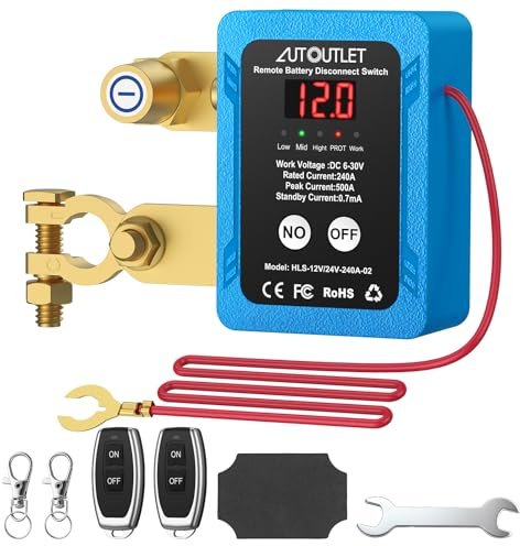 AUTOUTLET Drahtloser Ferngesteuerter Auto Trennschalter, 6-30V 240A Autobatterieschalter mit LED Spannungnzeige & 2x Fernbedienungen, Batterie Kill Switch Anti-Diebstahl für Auto RV ATV LKW Boot