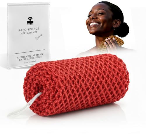 Äkta afrikansk nätsvamp från Ghana med upphängningssnöre Lång peelingvamp för kropp och rygg Duschsvamp Perfekt för daglig kroppsvård (Röd)