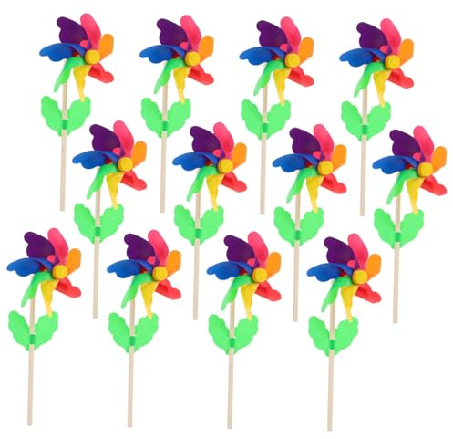 ORFOFE Lot de 12 Moulins à Vent Arc-en-Ciel en Plastique Tige en Bois 12cm pour Décoration Jardin Et Cour Colorée Légère Et Résistante