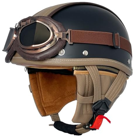 Tedesco Casco Adulti Pelle Caschi Moto Jet Retrò Con Fibbia Sgancio Rapido Regolabile Uomo Donna Casco Motociclista Caschi Cromwell DOTECE Omologato Casco Scodella 5,M:57-58CM