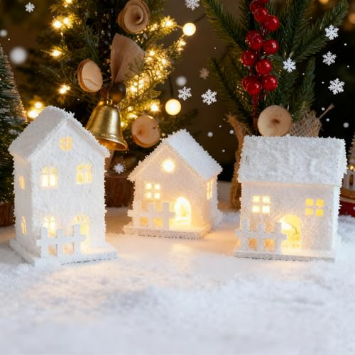 Akxlax Weihnachtsdorf mit Beleuchtung Timer Weihnachtsdeko Holz 3 Stück, Holzhaus Weiss Weihnachtsbaumdorf Weihnachtshaus Beleuchtet, Weihnachtsstadt Häuser, Weiß (A, Ohne Timing)