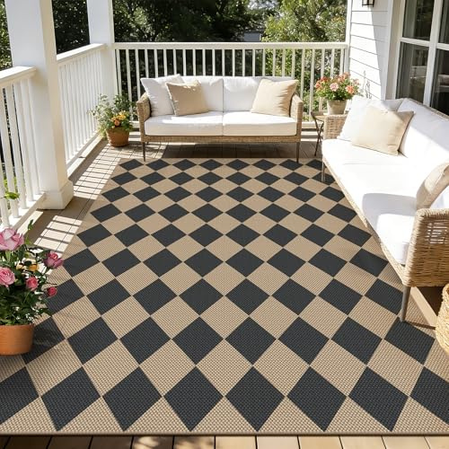 Capslpad Outdoor Teppich 160x230cm, Jute Aussehen Wetterfest, rutschfest Flachgewebe Waschbar Teppiche, Robust Küchenteppich für Wohnzimmer, Balkon, Terrasse, Küche, Garten, Farbe:Schwarz Kariert