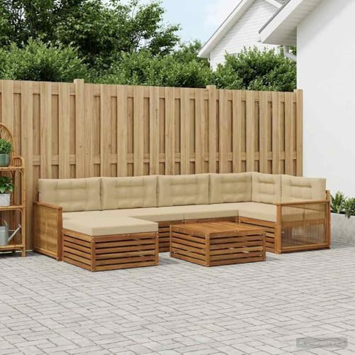 Teenpull Outdoor-Sofagarnitur aus Akazienholz mit Kissen 7 pcs Natur Beige, wetterfestes Gartenset mit Tisch Hocker Sofa, modulare Sitzgruppe für Terrasse Esszimmer, Komfortables Loungeset für Garten
