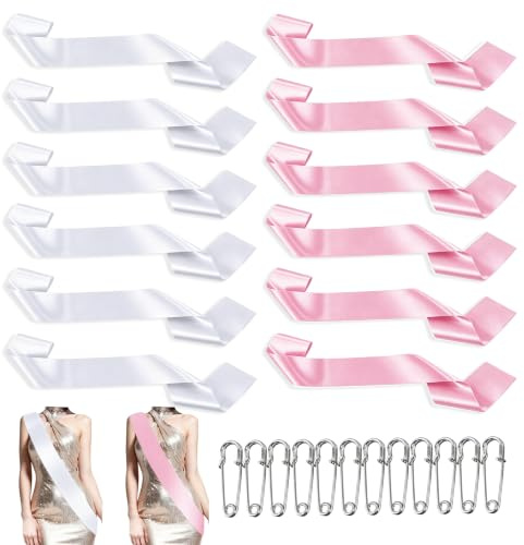 YinnFeen 12 Stück Leere Schärpen, 160 x 9.5cm Blank Satin Schärpen, Rosa Weiß Plain Satin Sash DIY Schärpe Weiches Unbedruckte Schärpe mit Sicherheitsnadeln für JGA Geburtstag Hochzeit Brautparty