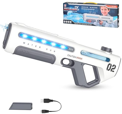 OAUEOR Pistolet à Eau Électrique, Fusil à Eau Automatique avec LED (Blanc) | Absorption Automatique de l'eau Portée 8m, Tir Continu, Jouet de Plein Air Été Jardin Piscine Plage, pour Enfants Adultes