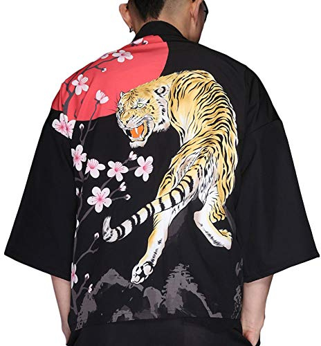 G-like Cardigan kimono d'été pour homme - Vêtements japonais traditionnels Haori Costume Taoïste Robe à manches longues Veste de style chinois cape chemise de nuit pour homme, tigre, taille unique