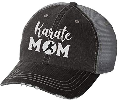 Women's Sports Mom Embroidered Ladies Fit Distressed Trucker Hat, Black, Karate Mom