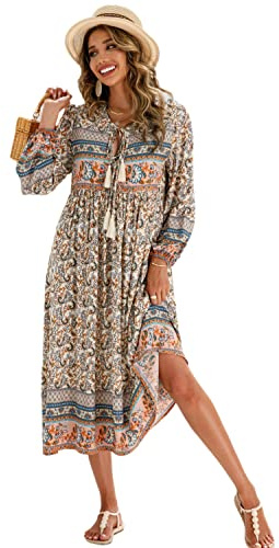 R.Vivimos Damen Beiläufig Bohemien Drucken Krawatte Langarm Strand Stil Lang Midi Urlaub Kleid(XLarge,Beige#1)