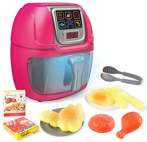 deAO Kitchen Play Set - 14 Pieces Kids Air Fryer Pretend Role Set With Realistic Light, Sound, Food, and Accessories - Educational Toy for Girls Boys (Pink)