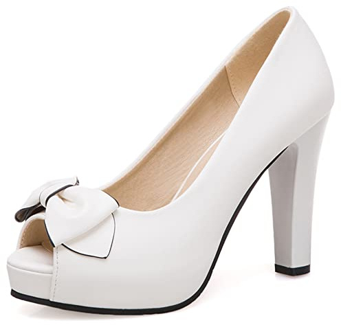 Décolleté con Tacco Largo da Donna, Pompe al Tallone Alto Peep Toe Senza Chiusura Scarpe da Sera con Plateau Bowknot Moda Kqwgyh Bianco Numero 33 EU