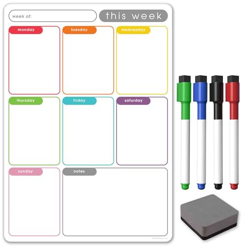TMS A3/A4 flerfärgad magnetisk veckoplanerare/anteckningstavla/kalender – whiteboard, inköpslista och måltidsplanerare – med 4 magnetiska pennor och suddgummi (färgmemo, A3)