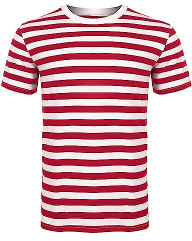 The Fancy Dress® Men Women's Striped T-Shirt - Unisex Crew Neck Short Sleeve Stripes T-Shirt Casual Summer Top (Red White, Large)