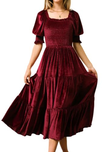 R.Vivimos Herbst Winter Puffärmel Samtkleid Square Neck Smock A Linie Vintage Midikleid Flowy Rüschen Langes Kleid(M,Weinrot)