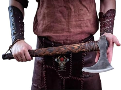 Forest Hunting| Viking Axe Real Battle self Defense Weapons War Hatchet Medieval Axes Costume for Men Camping ax 27'' Ashwood Handle and 3.5lbs Leather Sheath Viking Gifts Men (Ragnar Lothbrok Axe)