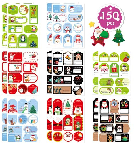 150 PCS Weihnachten Aufkleber Tags selbstklebend Santa Schneemänner Xmas Baum Hirsch Weihnachtsfest Geburtstag Hochzeit Urlaub dekorative Geschenke Etiketten