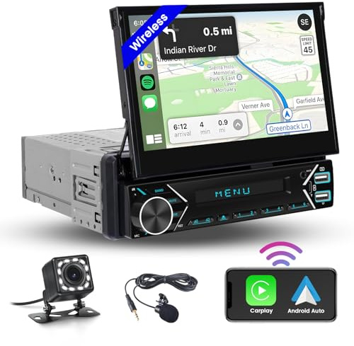 Hikity CarPlay sans Fil 1 Din Autoradio avec 7 Pouces Écran Motorisé, Poste Radio Voiture Bluetooth avec Android Auto FM Radio USB Type-C AUX Caméra de Recul