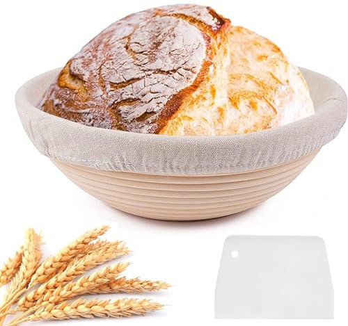 Cestino Rotondo per la Fermentazione, Diametro 25 cm, per 1 kg di Pane e Impasto, Integrale e a Lievitazione Naturale, Con Raschietto