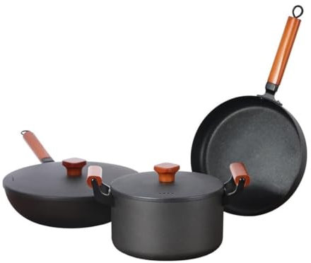 Batteria di Pentole, Set Di Pentole In Ferro Antiaderente Da 3 Pezzi Pentola Per Zuppa Wok Con Coperchio Padella Accessori Per Fornello Istantaneo Pentola Per Cottura Calda Utensili Cucina Set Pentole