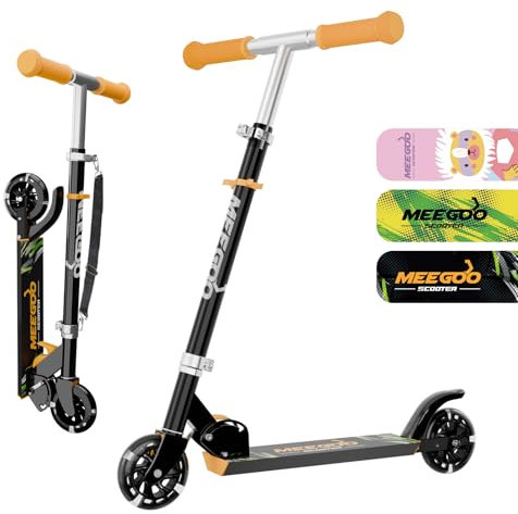 MEE GOO Patinete infantil de aluminio plegable con 3 alturas ajustables para niños con ruedas LED, regalo para niños y niñas (negro)