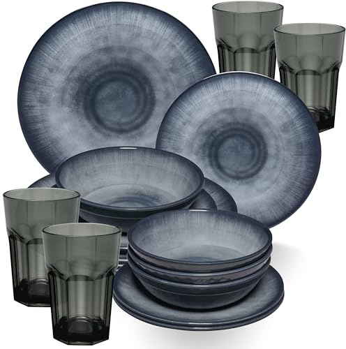 Melamin Geschirr Set Jesolo Grau für 4 Personen - 16 Teile - mit farblich passenden Trinkgläsern 400ml aus Acryl Campinggeschirr Geschirrset Tafelgeschirr Camping modernes Melamingeschirr bunt