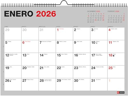 Miquelrius - Calendario de pared 18 meses, Planificador de Julio 2025 a Diciembre 2026, Tamaño A4, Espacio para anotar, Espiral doble con pieza para colgar, Español, Gris