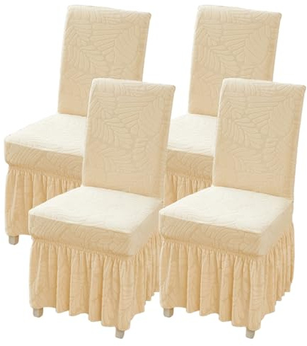 WYLEBER Fundas para Sillas de Comedor con Faldón de Largo,Fundas Sillas de Comedor Pack de 2/4/6,Funda Silla Elásticas Extraíbles para Cocina Bodas Fiestas Banquetes(Champagne,4 Set)